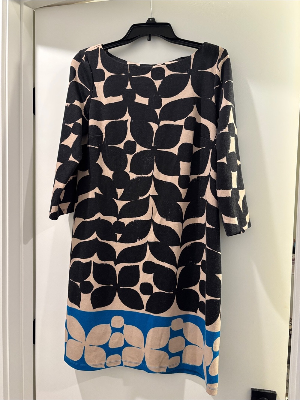 London Style Black and Beige Midi Dress with Blue Hem